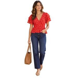 Madewell Red Floral Ruffle Sleeve Peplum Blouse V Neck Cottagecore Top Size 0